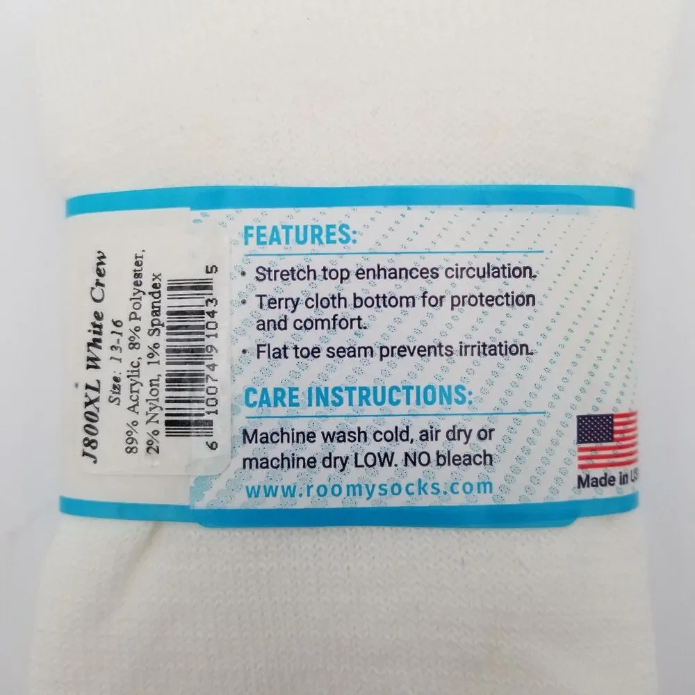 Lot of 3 Pairs‎ of Roomy Diabetic Socks White Crew Size 13-16 J800XL USA Made